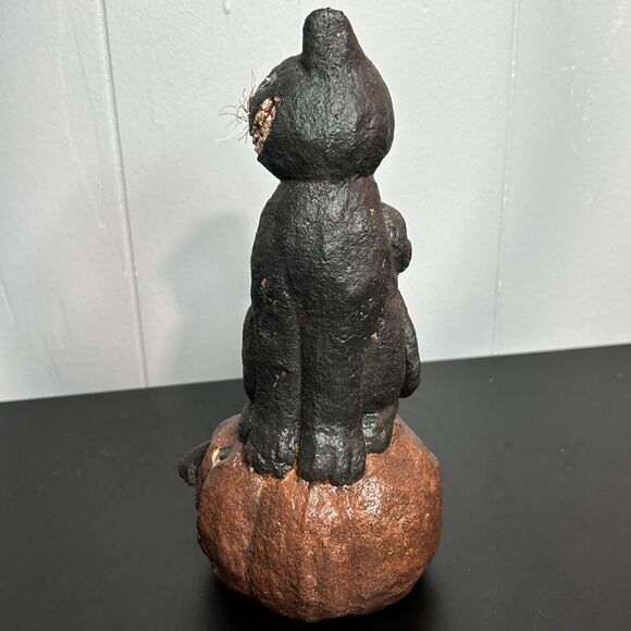 Primitive Black Cat Smiley Whiskers Sculpture w/ Pumpkin Paper Mache Figure - Picture 4 of 9